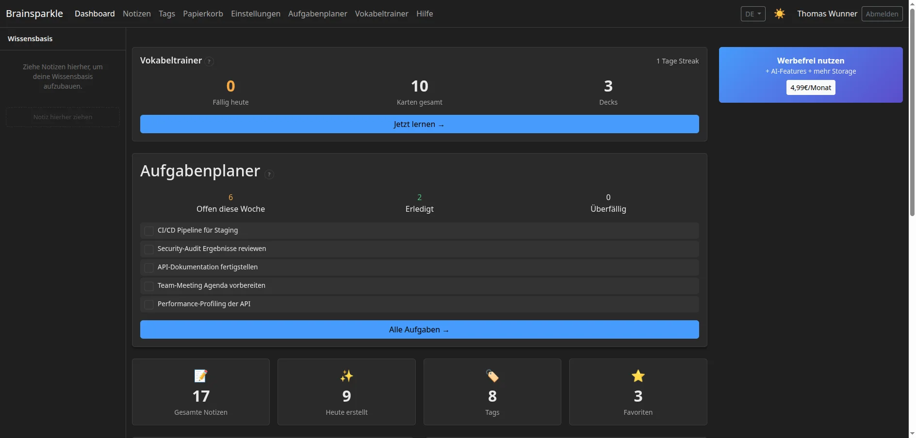 Brainsparkle dashboard with statistics, vocabulary trainer and task planner