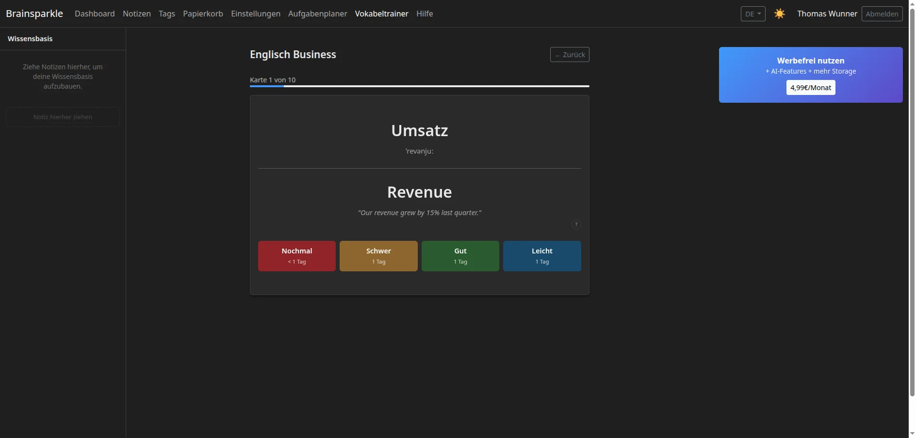 Brainsparkle vocabulary trainer with flashcard and rating buttons