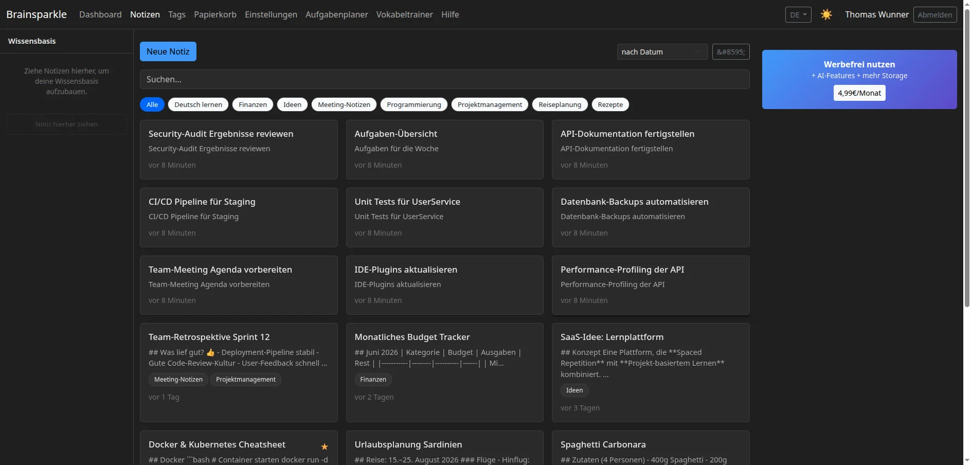 Brainsparkle notes overview with tags and preview
